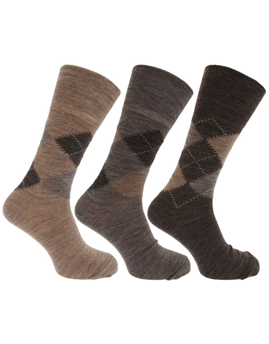 Mens Traditional Argyle Pattern Non Elastic Lambs Wool Blend Socks (Pack Of 3) - Shades of Brown