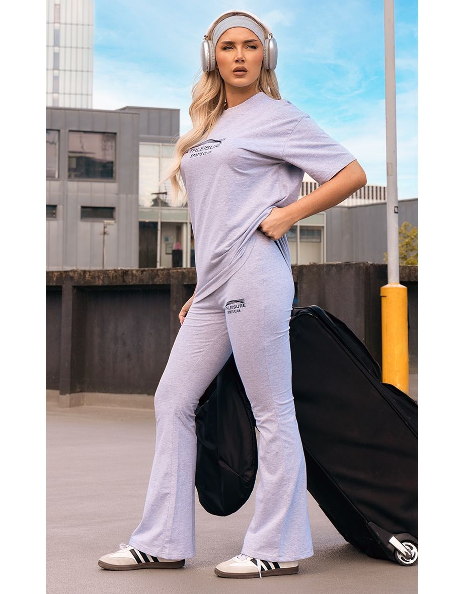 Grey Marl Embroidered Graphic Print Flared Trousers