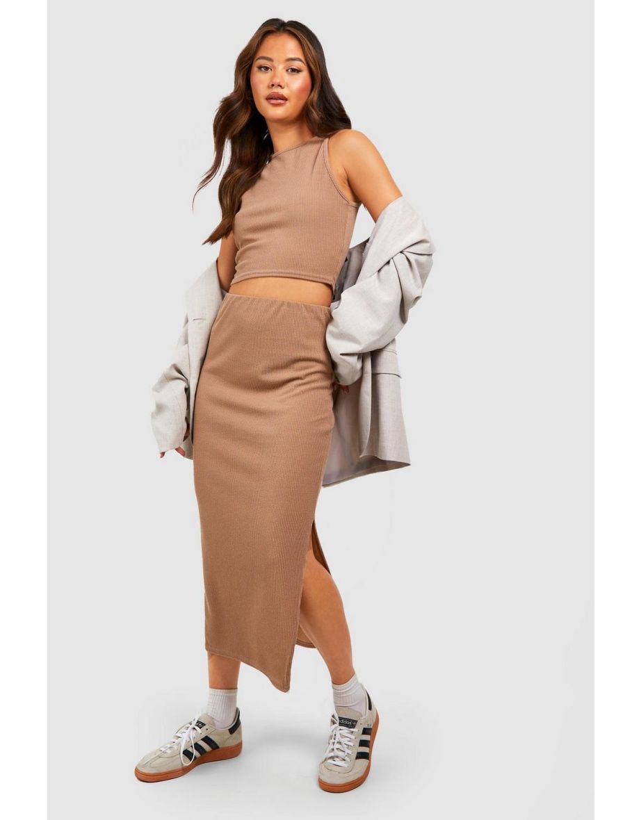 Ribbed Side Split Midaxi Skirt - mocha