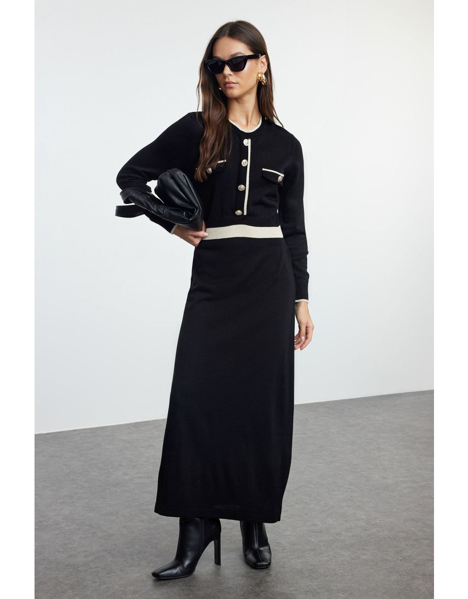 Black Button Detailed Knit Dress