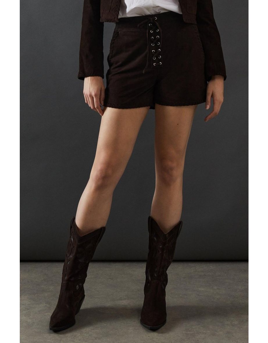 Real Suede Lace Up Whipstitch Short - 3