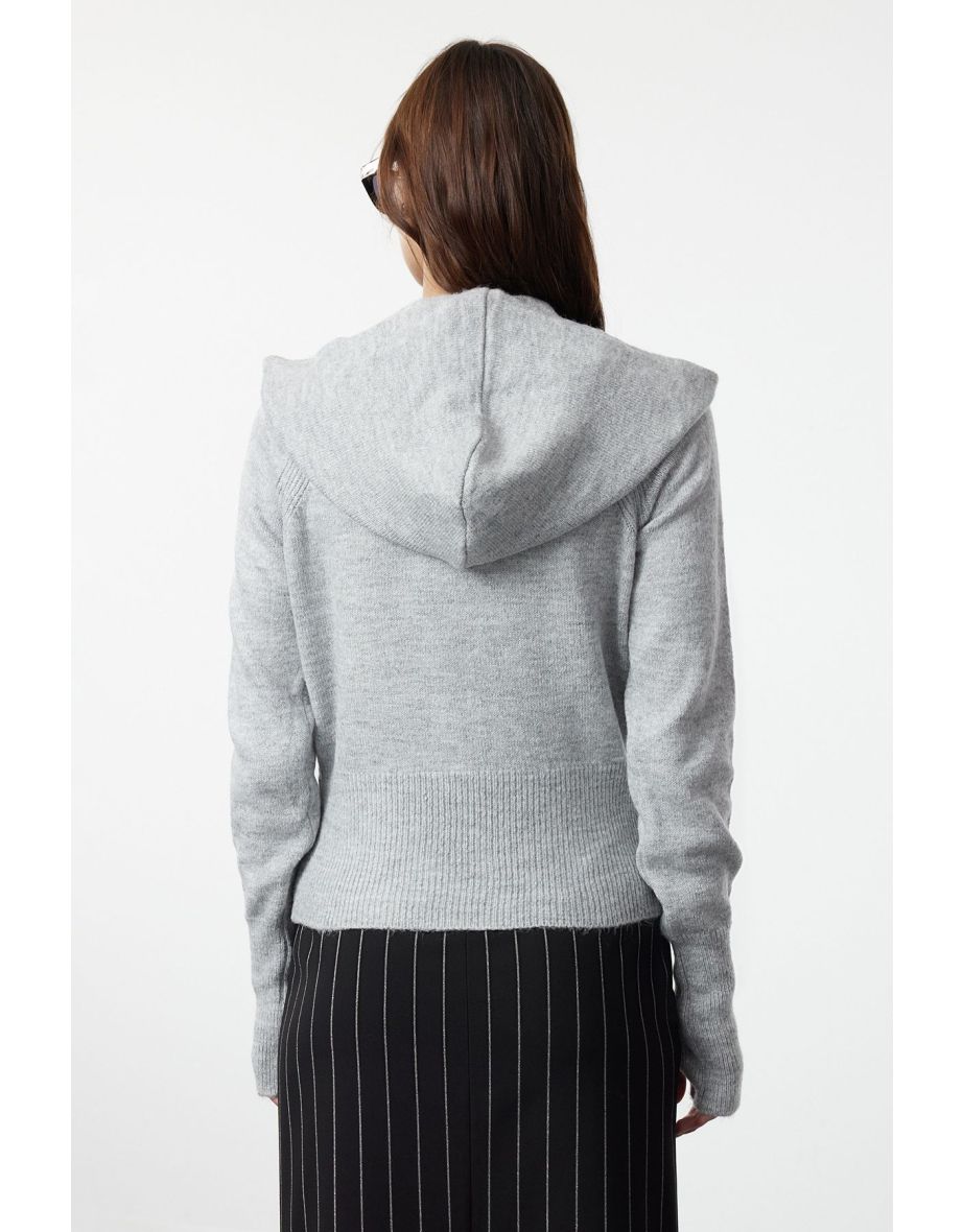 Shop Gray Hooded Sleeve End Finger-Cut Knitwear Sweater Shop Gray Hooded Sleeve End Finger-Cut Knitwear Sweater