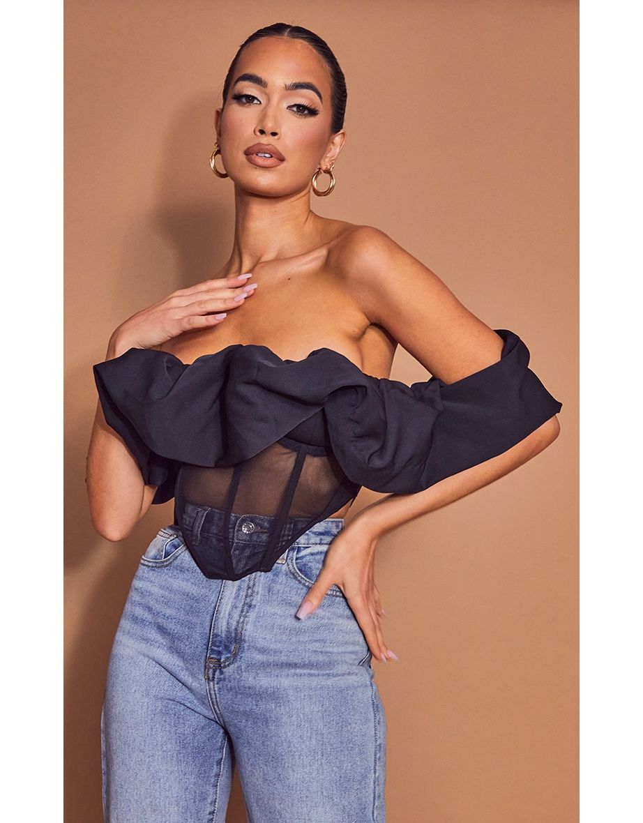 Dark green corset store mesh bardot top