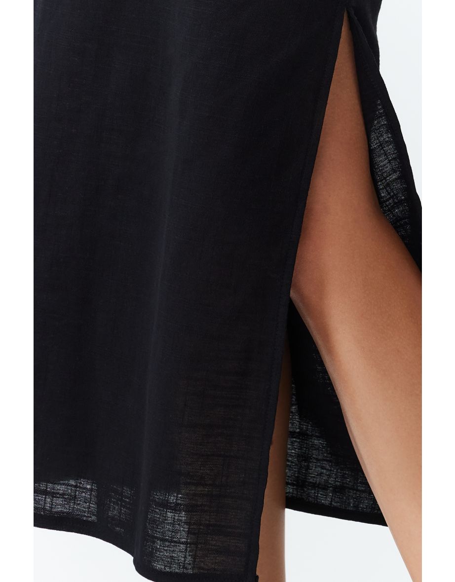 Black Belted Maxi Woven Linen-blend One-Shoulder Beach Dress - 7