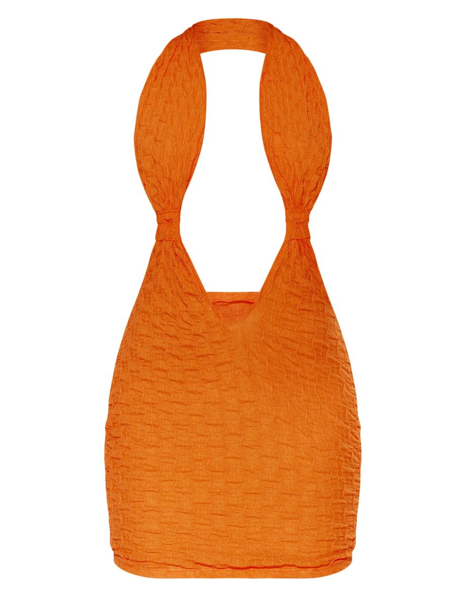 Bright Orange Bubble Texture Halterneck Plunge Bodycon Dress - 4
