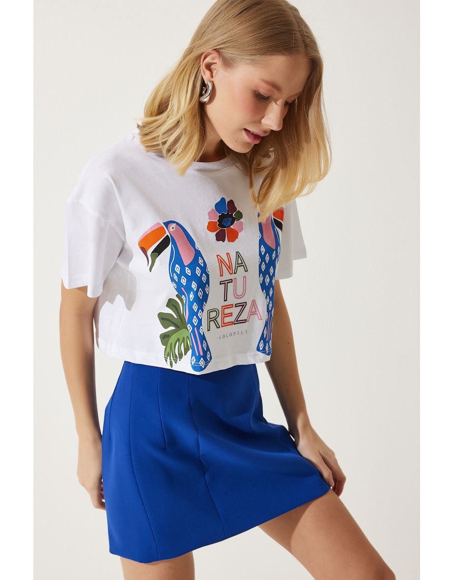 Women's White Printed Crop Knitted T-Shirt - 5
