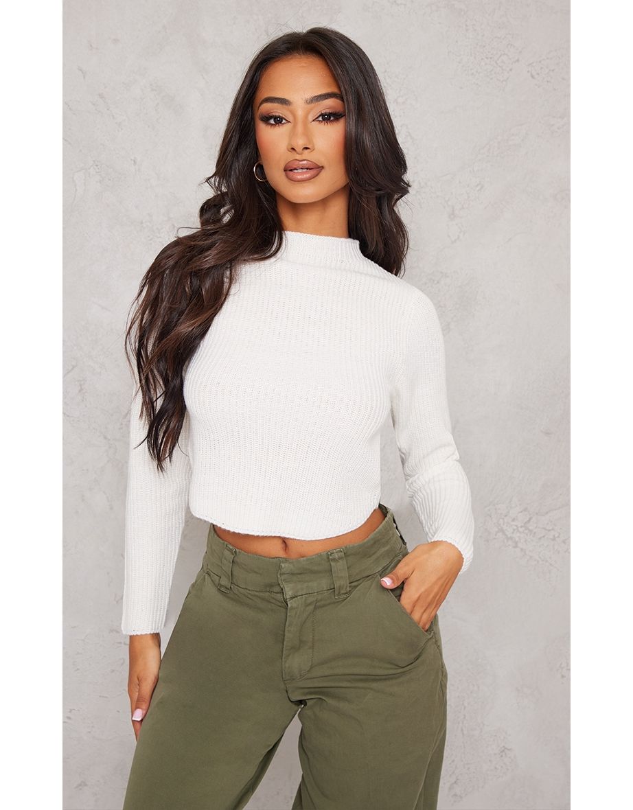 Petite White High Neck Cropped Jumper