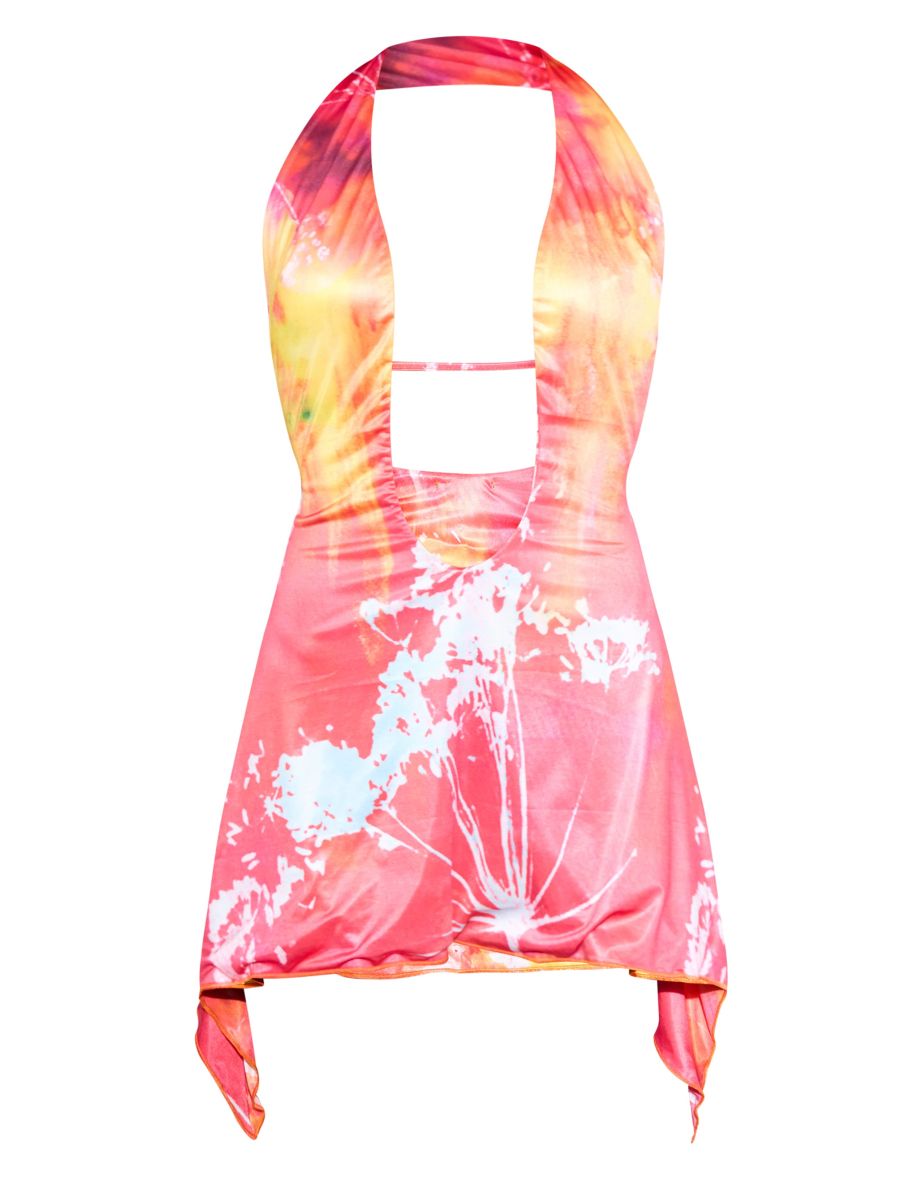 Premium Multi Abstract Printed Double Layer Slinky Plunge Bodycon Dress - 4
