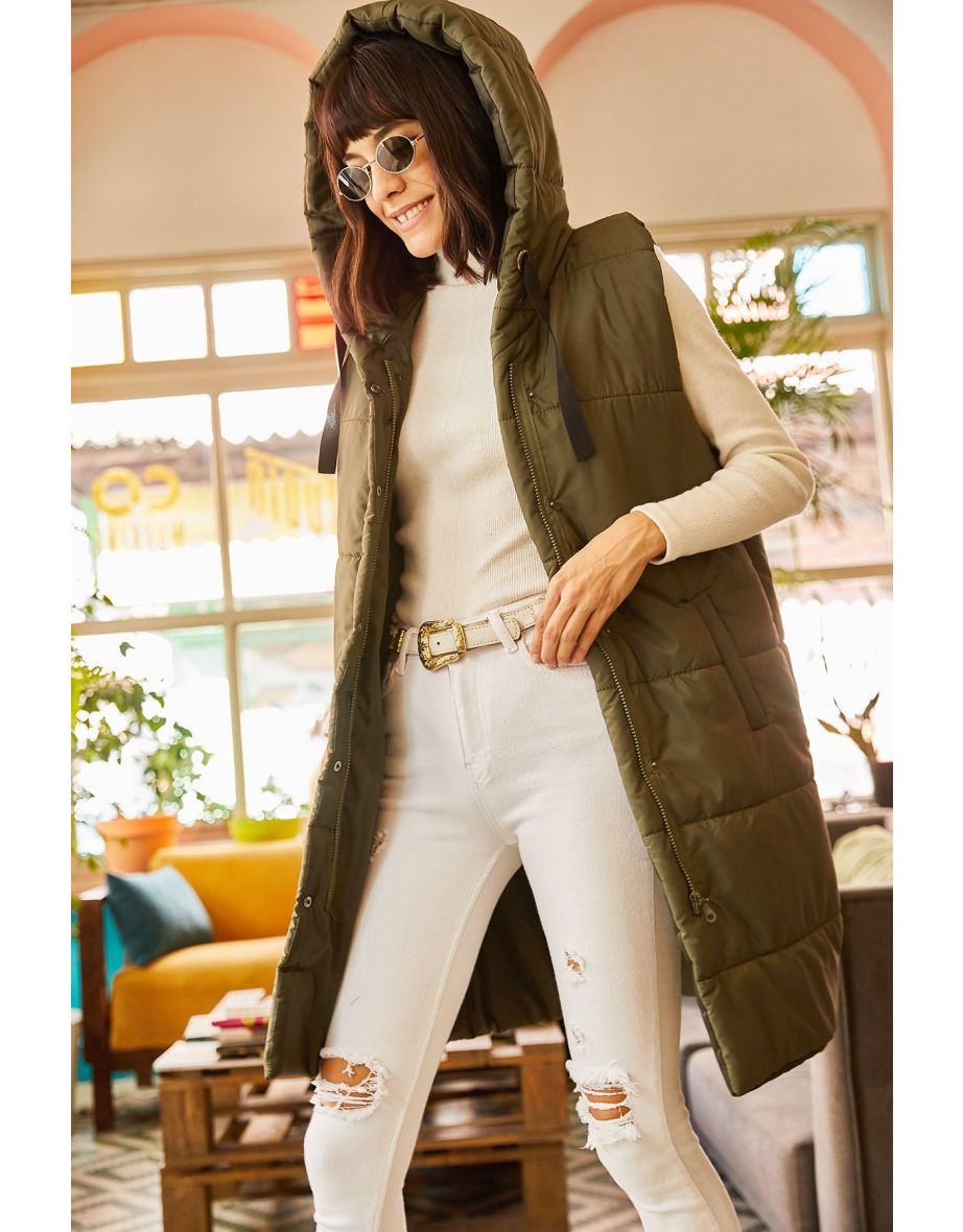 Women's Khaki Hooded Vest with Pockets