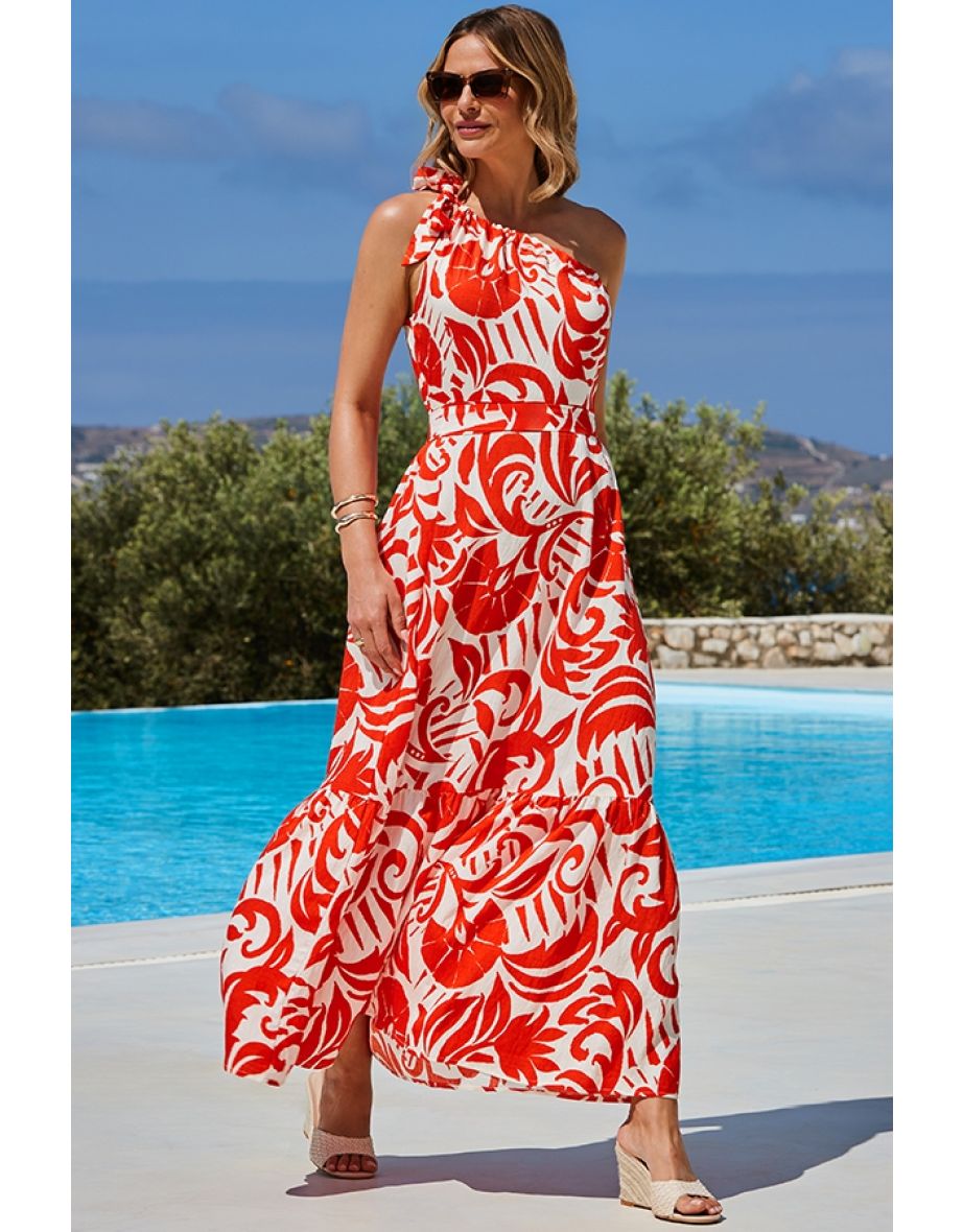 Red & Ivory Summer Print One Shoulder Maxi Dress