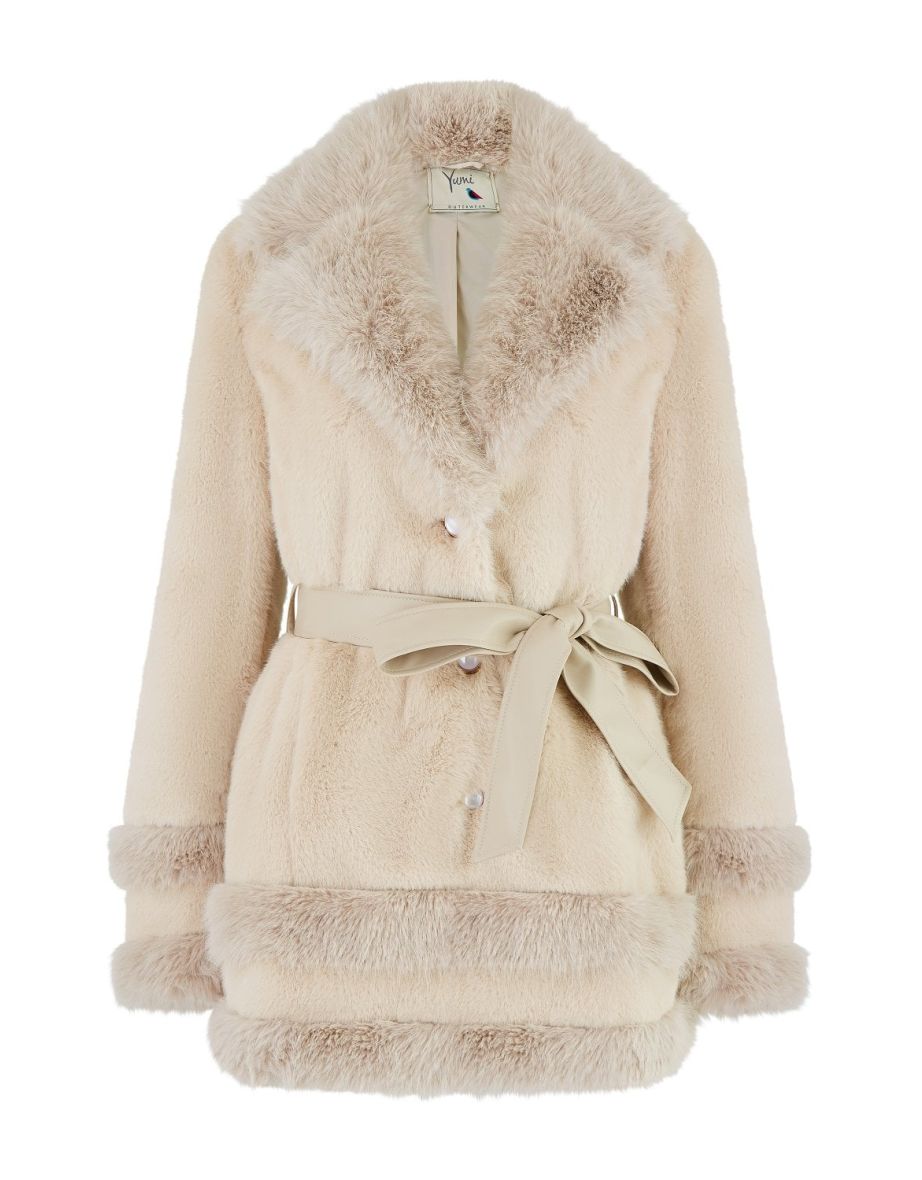 Yumi Cream Luxe Faux Fur Swing Coat With Tie Belt - 3