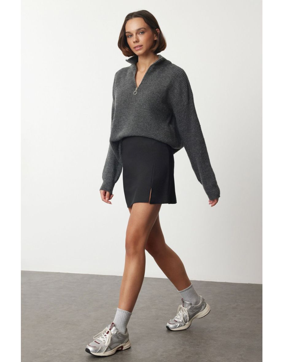 Black Mini Slit Woven Skirt