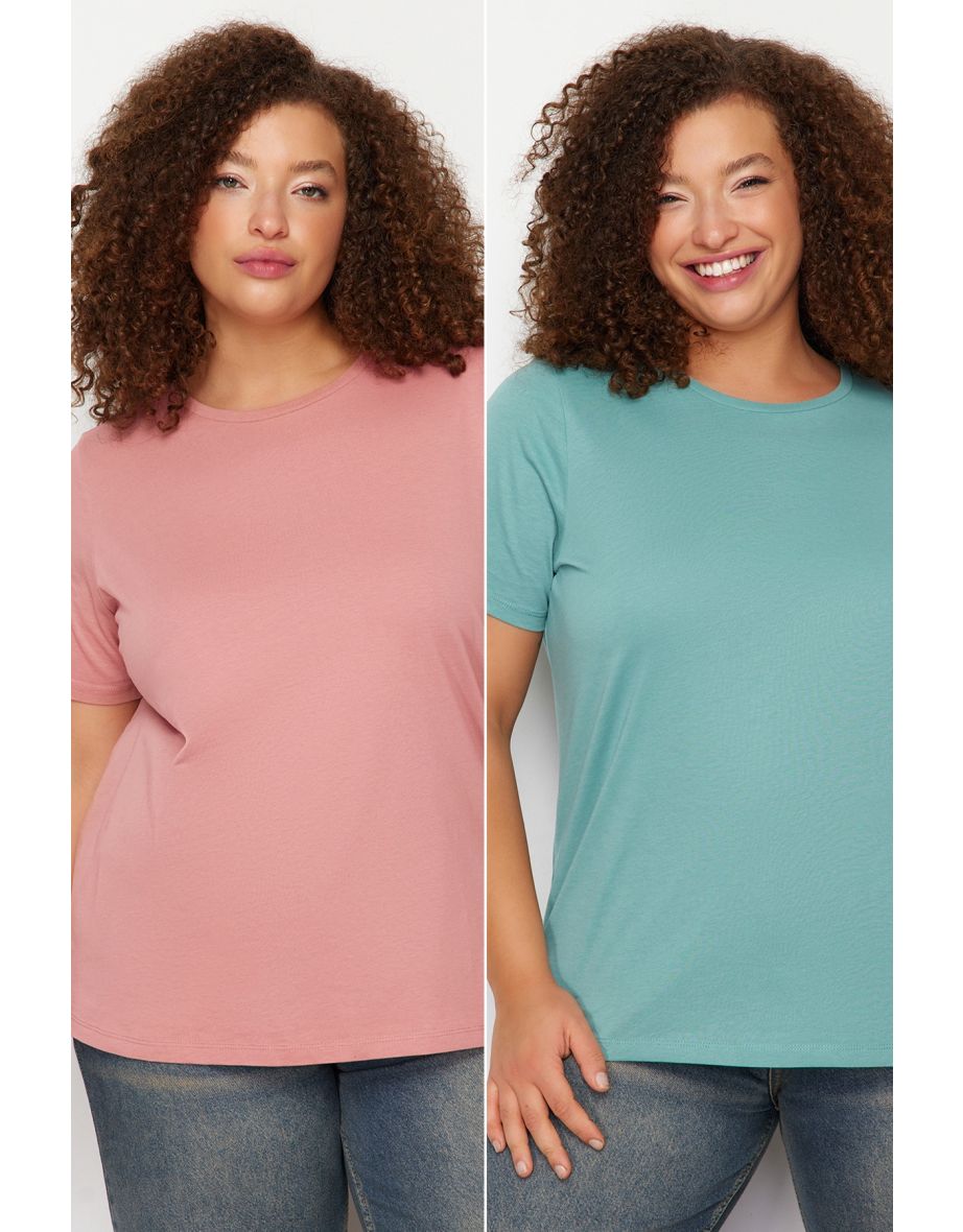 Khaki-Salmon 100% Cotton Single Jersey Crew Neck 2 Pack Knitted T-Shirt