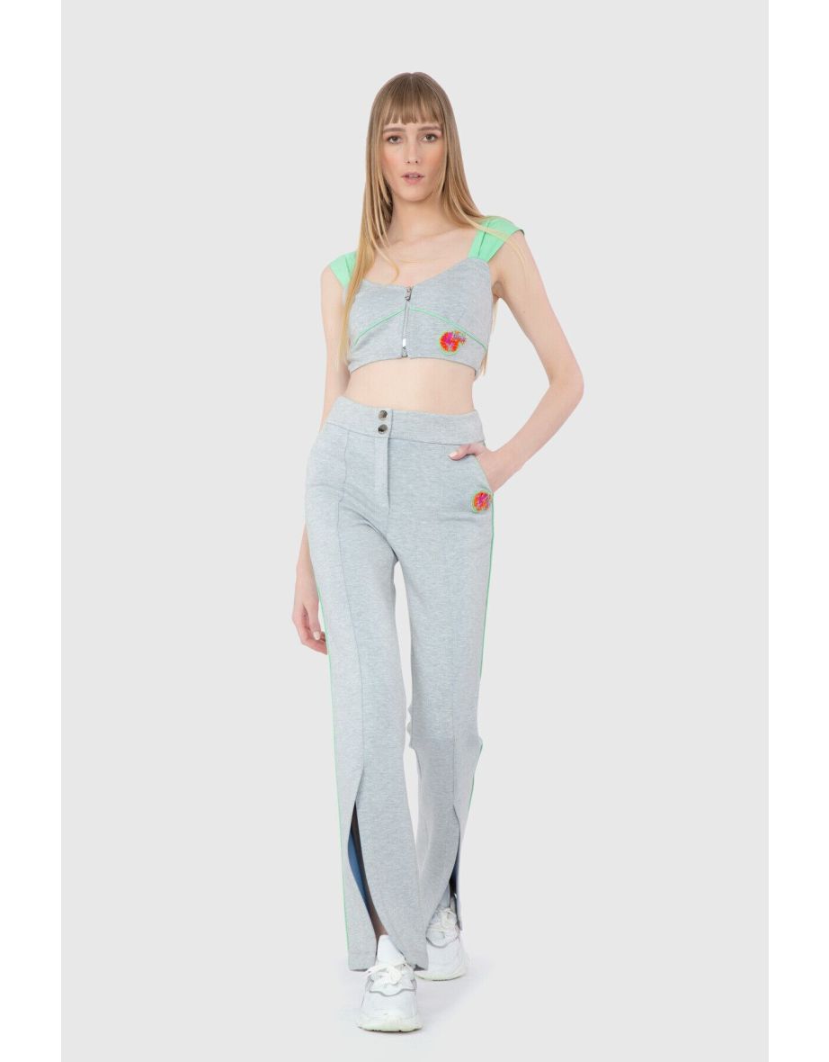 Embroidery Logo High Waist Gray Trousers With Slit Legs