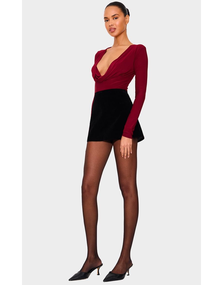 Burgundy Cowl Neck Slinky Long Sleeve Top