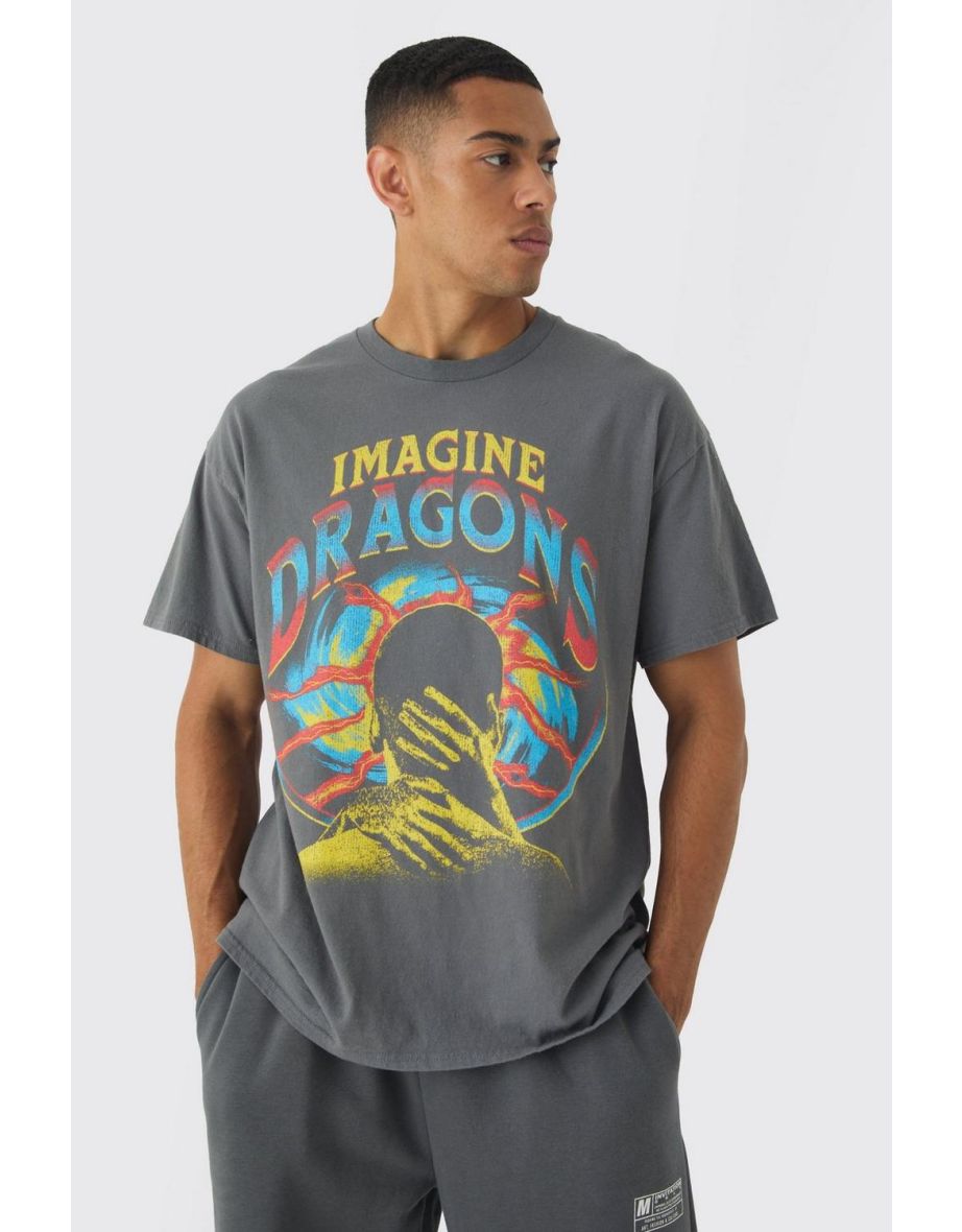 Oversized Imagine Dragons Band Wash License Print T-Shirt - charcoal