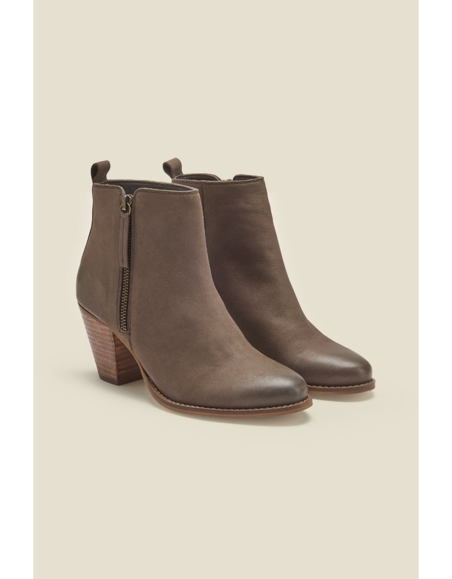 April Taupe Leather Zip Heeled Ankle Boot