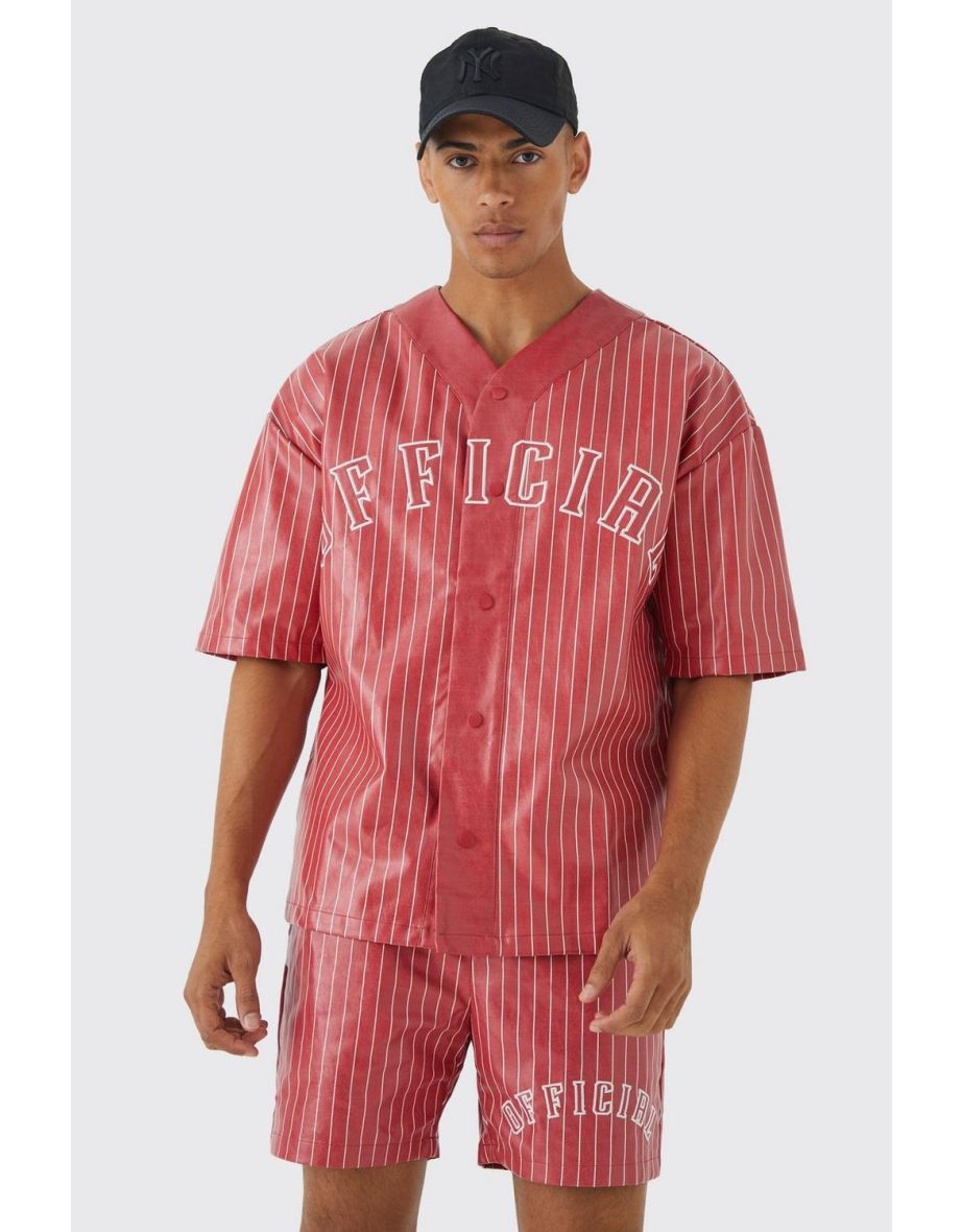 Short Sleeve Oversized Pu Baseball Shirt & Short Set - red - 2