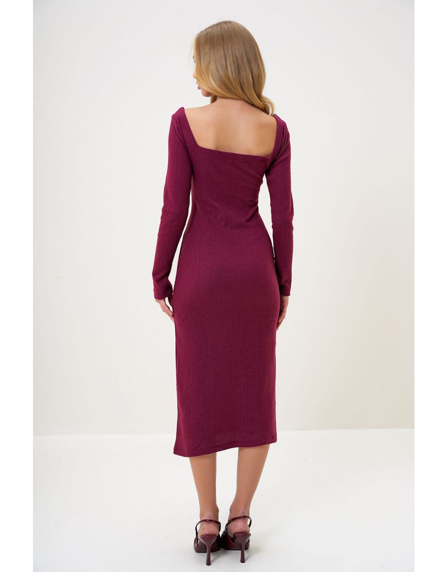 Women's Burgundy Square Neck Long Sleeve Midi Length Interlock Fabric Dress - 5