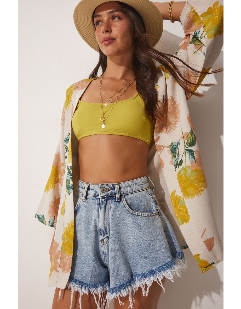 Women's Yellow Beige Patterned Linen Viscose Kimono