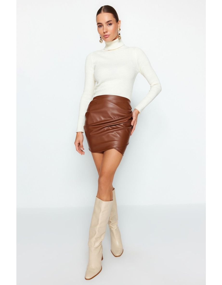Brown Faux Leather Draped High Waist Fitted Mini Skirt