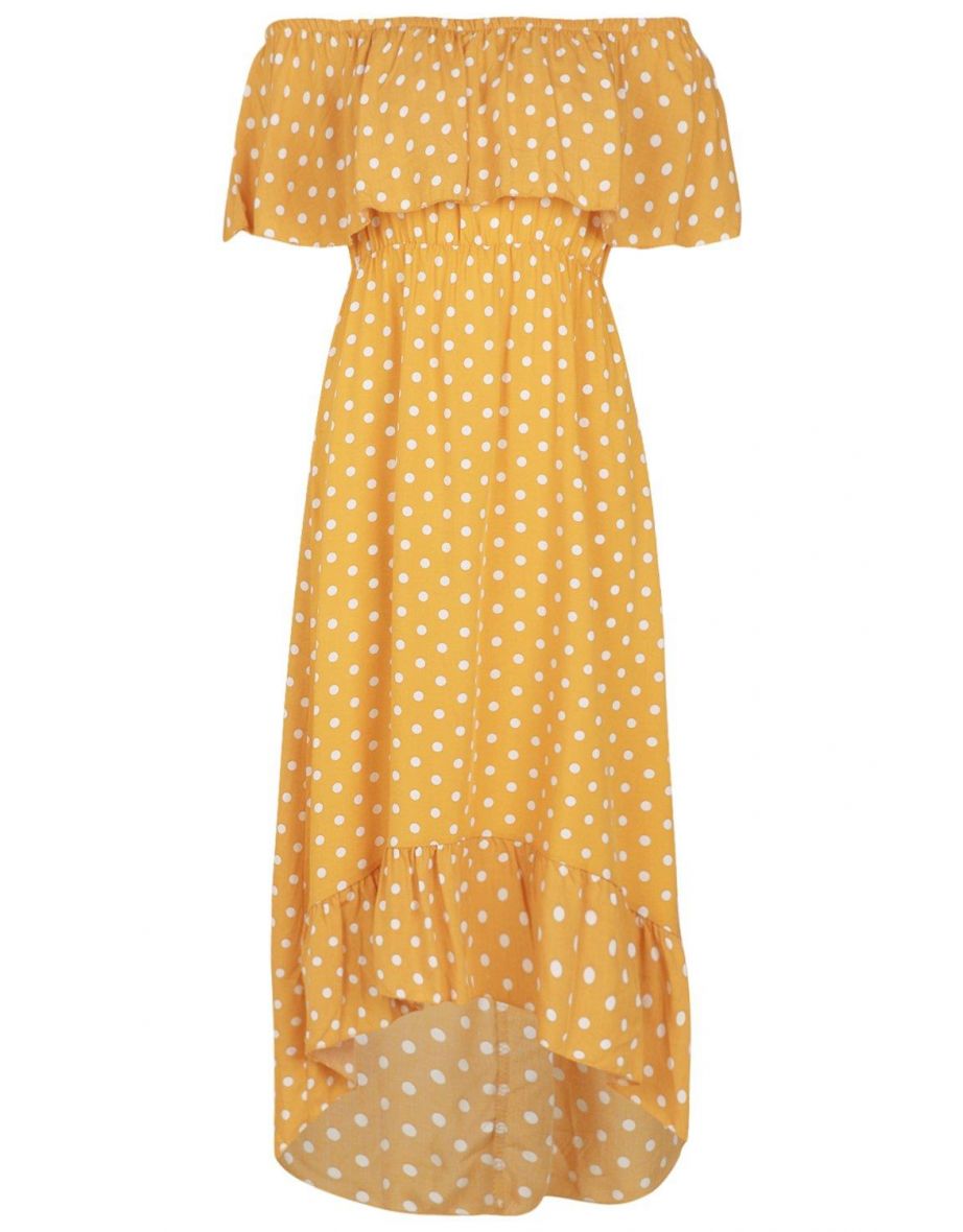 Woven Polka Dot Print Bardot Maxi Dress - mustard - 1