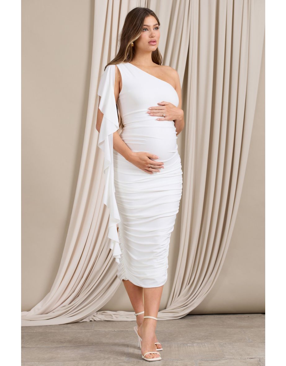 Streamer | White Asymmetric Ruffled Maternity Midi Dress - 3