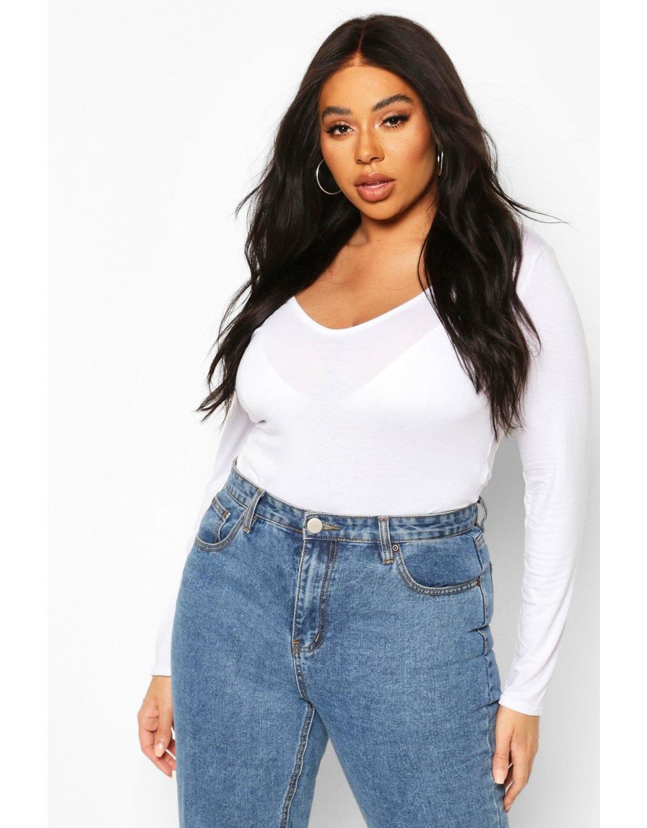 Plus Basic Long Sleeve V Neck Body Suit - white