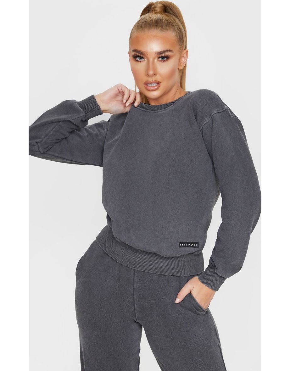 PRETTYLITTLETHING Charcoal Badge Detail Sport Sweater