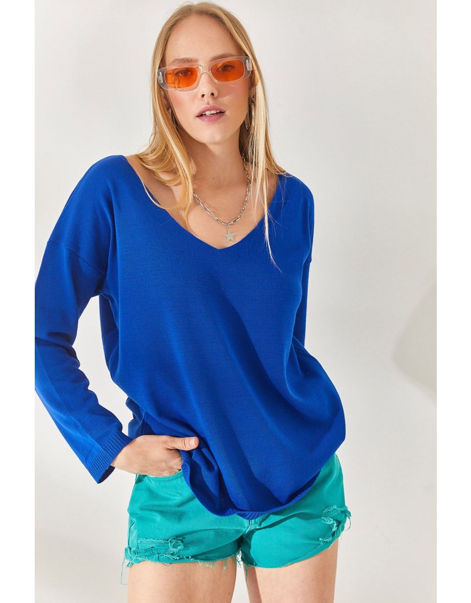 Saxe Blue V Neck Loose Knitwear Blouse