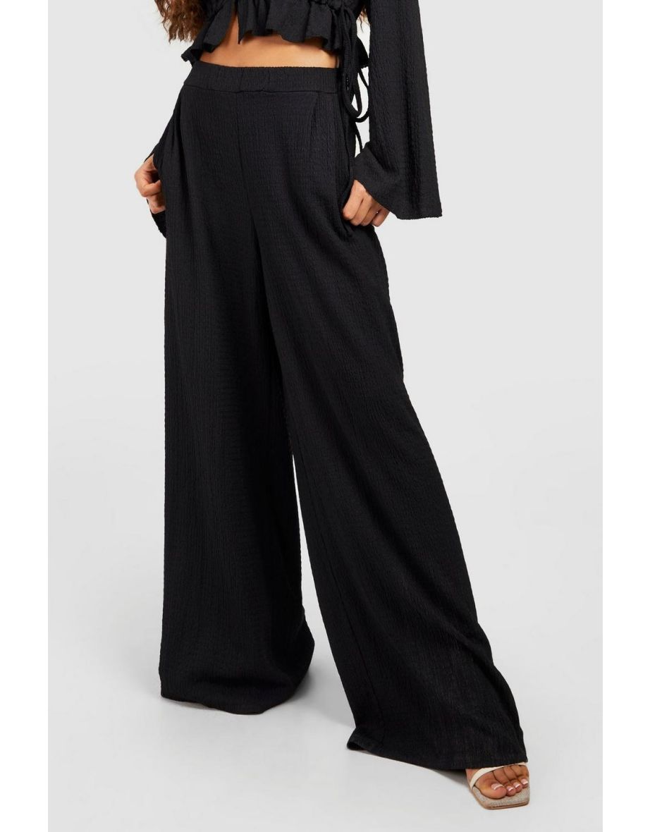 Tonal Crinkle Elasticated Waist Wide Leg Trousers - black - 3