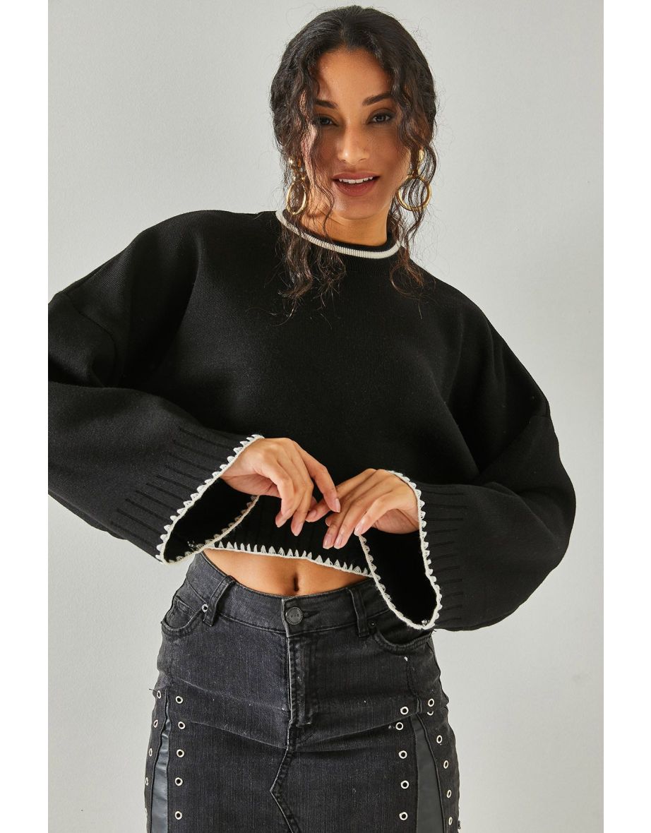 Women's Black Spanish Sleeve Crop Knitwear Sweater