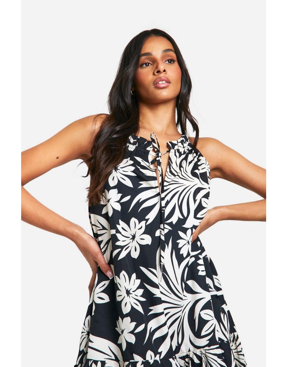 Tall Tropcial Print Strappy Mini Dress - black - 3