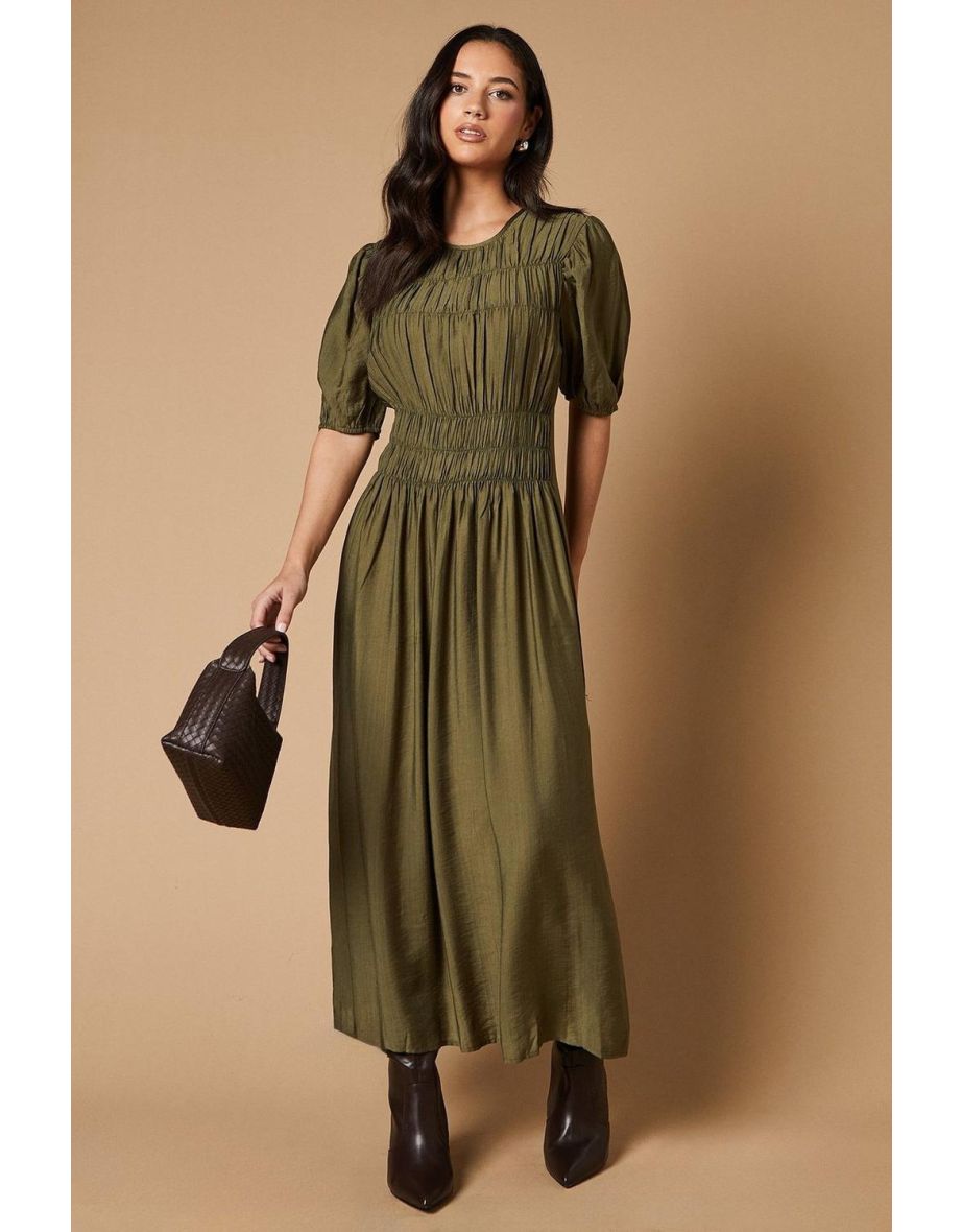 Shirred Bodice Puff Sleeve Midaxi Dress