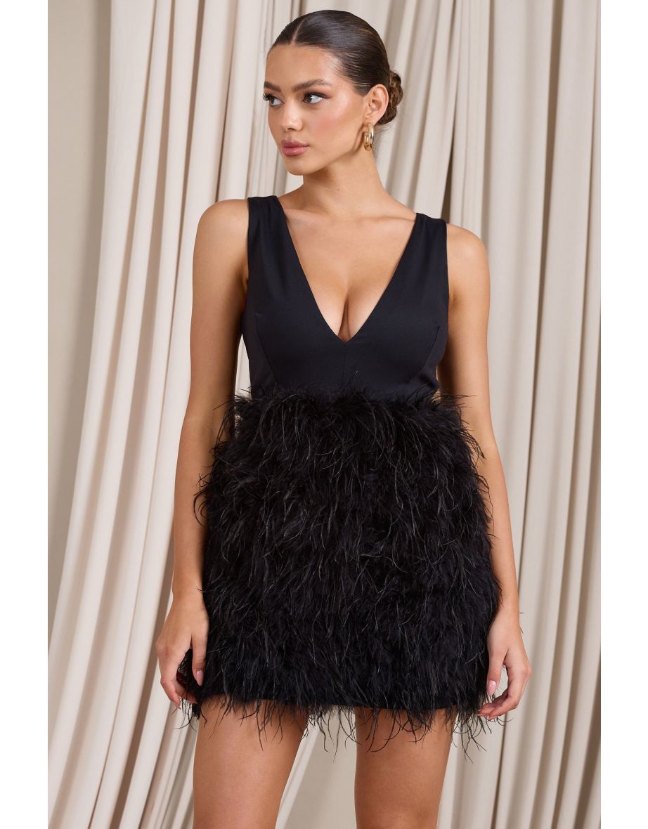 Flirt | Black Plunge Front Mini Dress With Feather Skirt