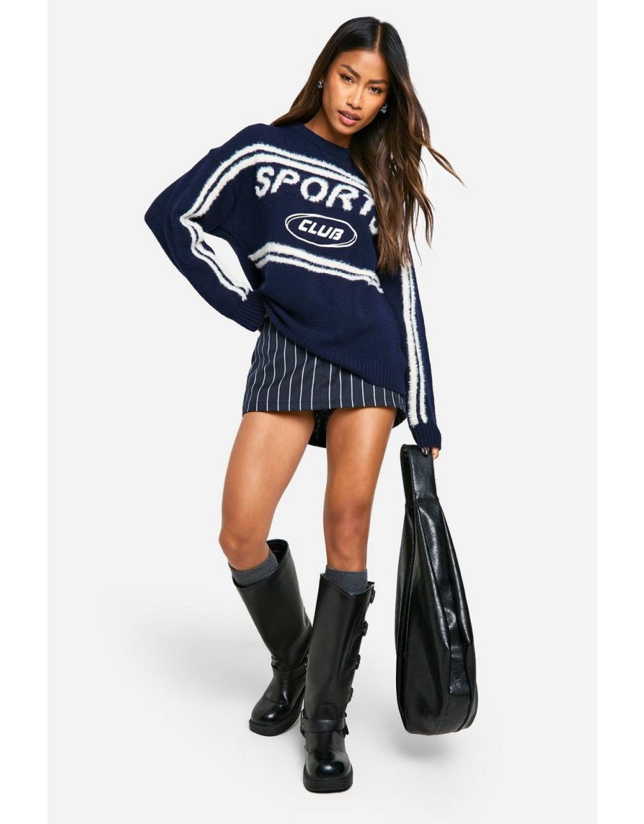 Sports Club Oversized Crew Neck Knitted Jumper - navy