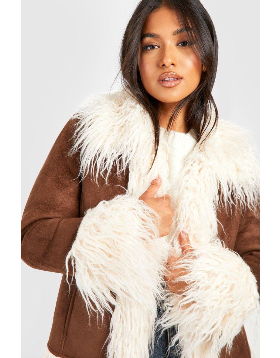 Petite Faux Fur Suede Coat - tan - 3