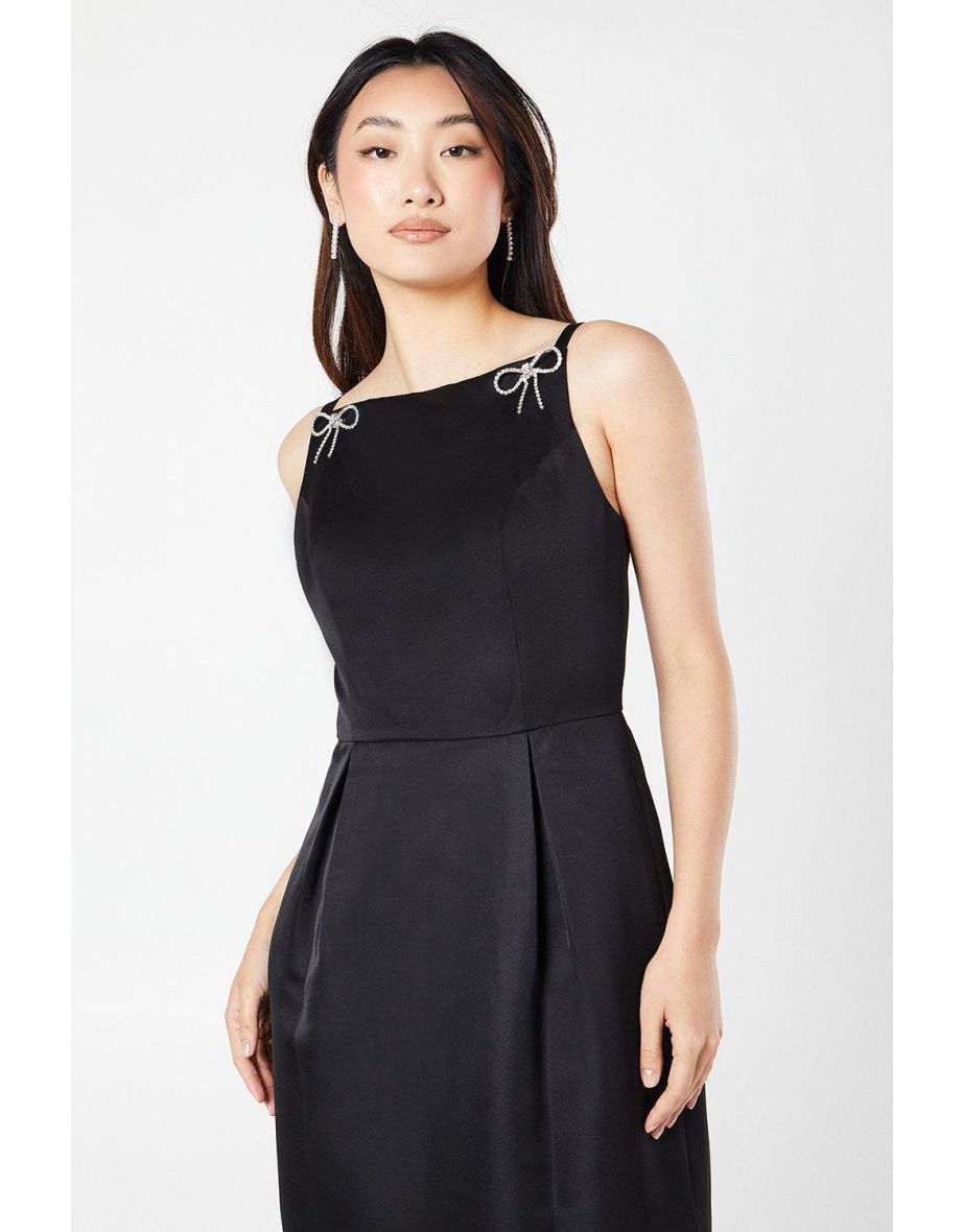 Crystal Bow Trim Square Neck Satin Dress - 3