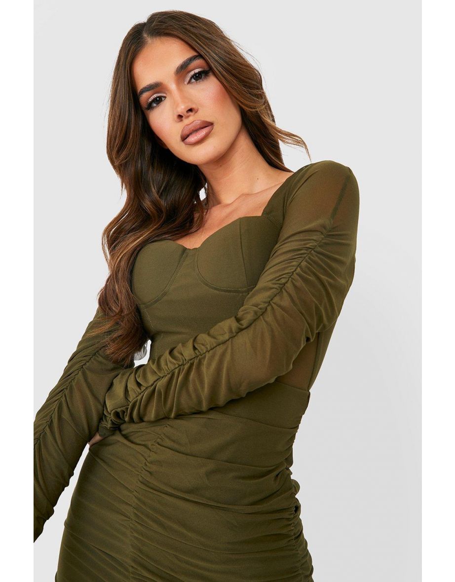 Mesh Ruched Bandage Dress - khaki - 3