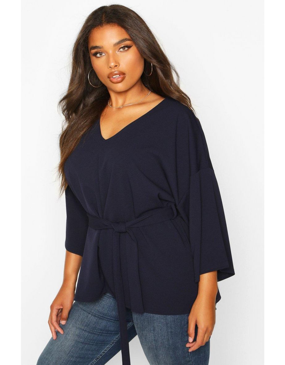 Plus Woven Kimono Sleeve Tie Top - navy - 3