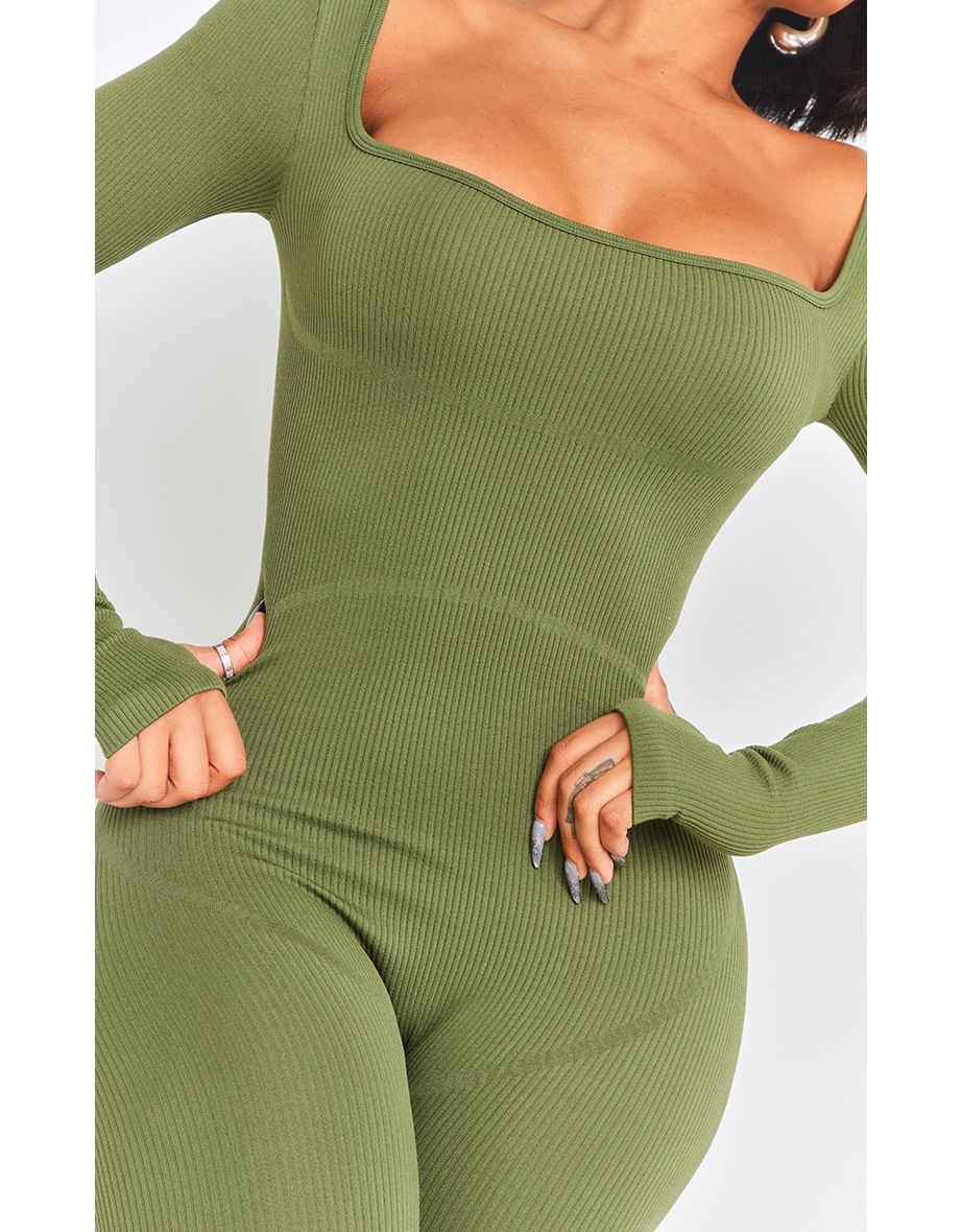 Shape Khaki Contour Rib Square Neck Thumb Hole Jumpsuit - 3