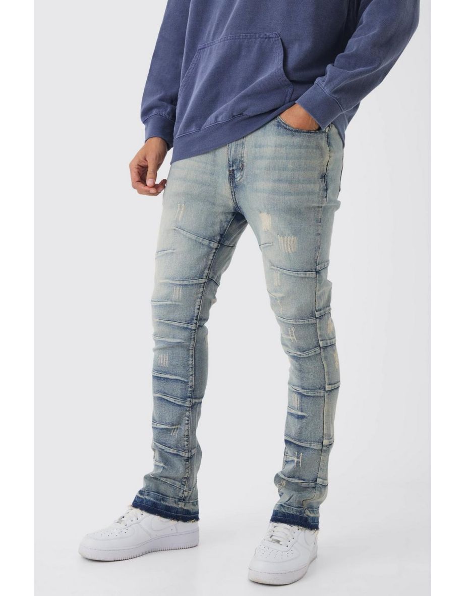 Skinny Flare Bleach Wash Jeans With Dart Details - vintage blue