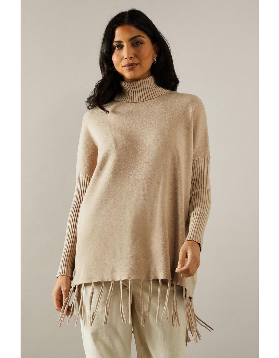 Fringed Hem Roll Neck Poncho