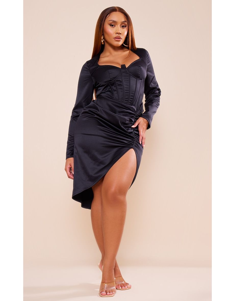 Shape Black Satin Corset Detail Long Sleeve Ruched Midi Dress