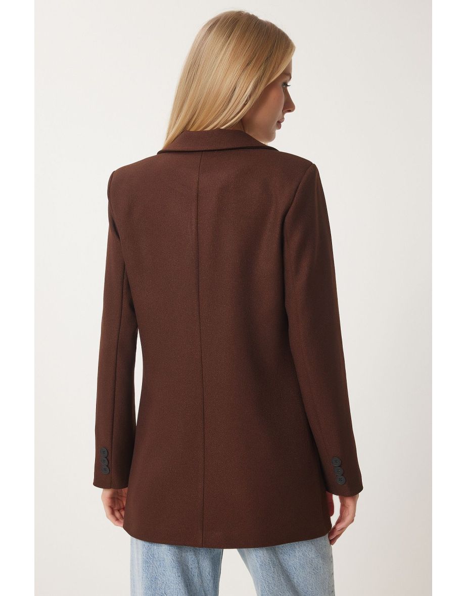 Women's Brown Padded Woven Blazer Jacket - 4