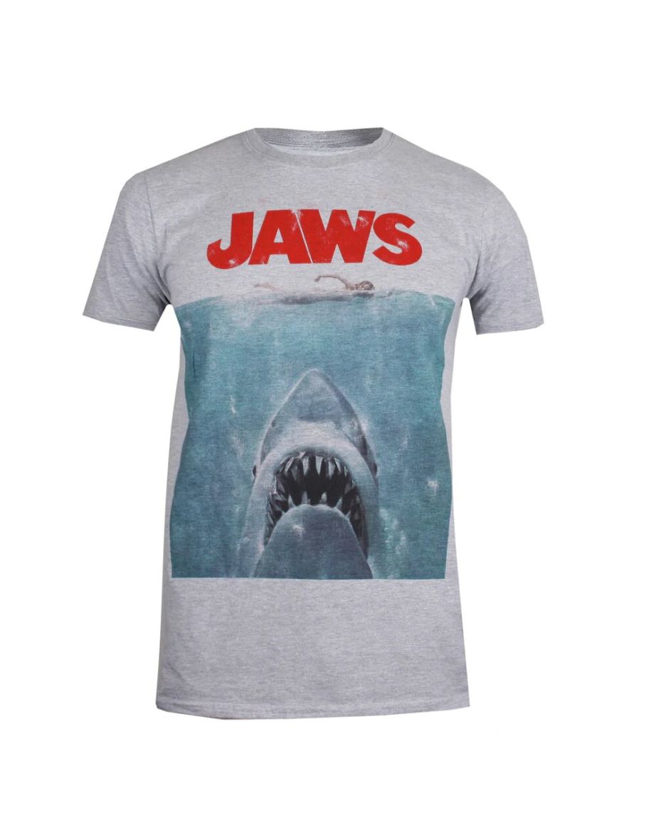 Jaws Mens Poster T-Shirt - Grey/Blue/Red