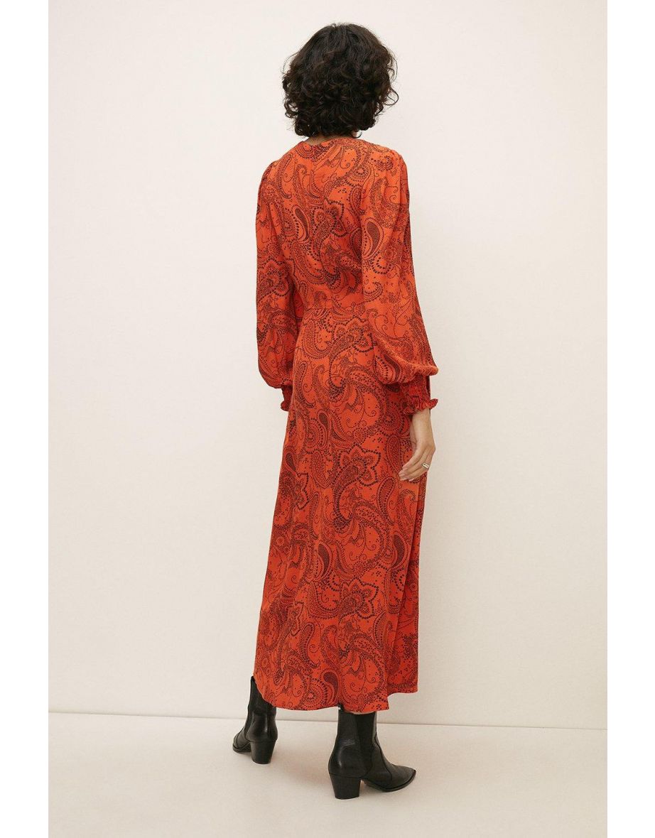 Rust Paisley Printed Shirred Cuff Midi Dress - 2