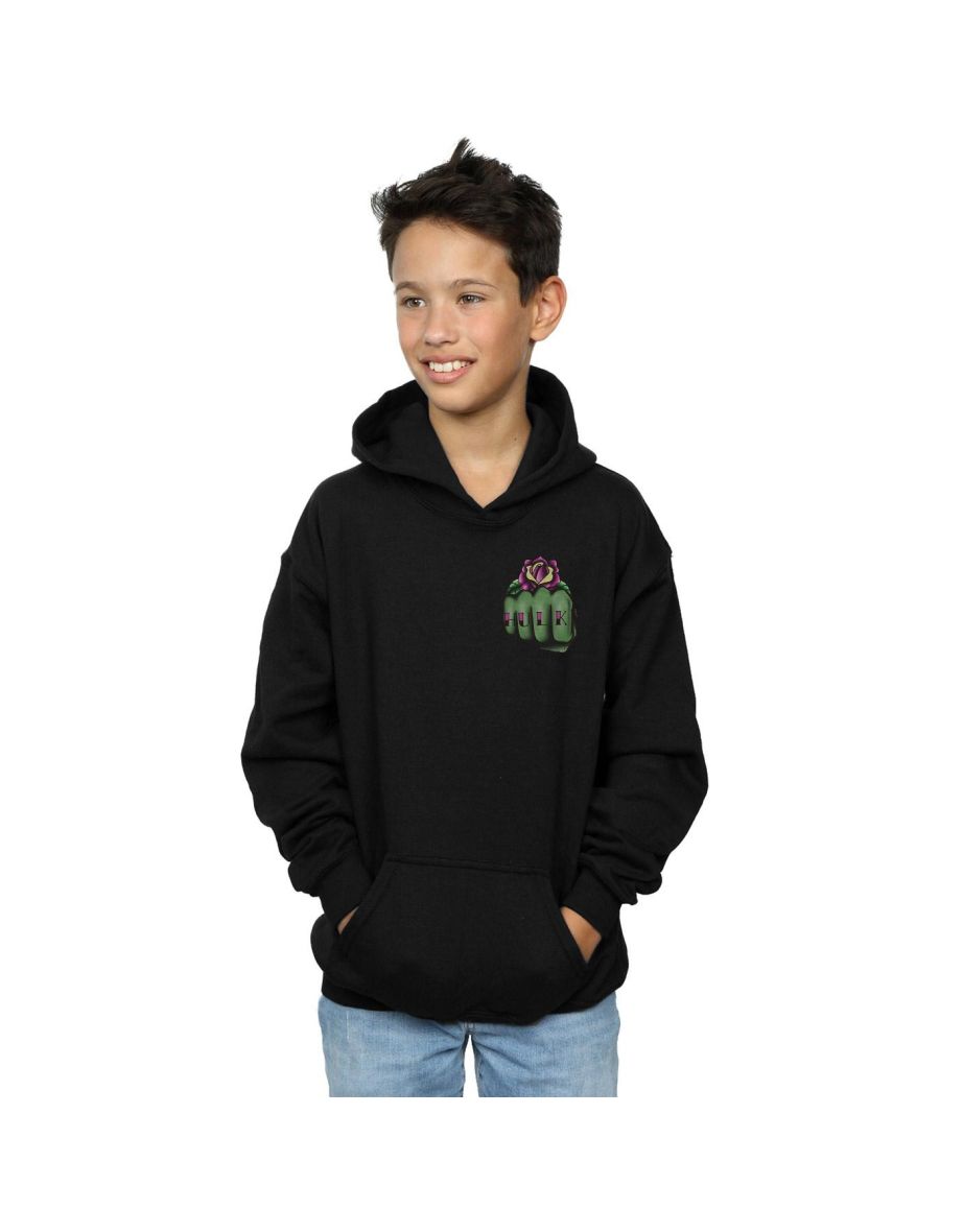 Marvel Boys Hulk Tattoo Fist Breast Print Hoodie - Black
