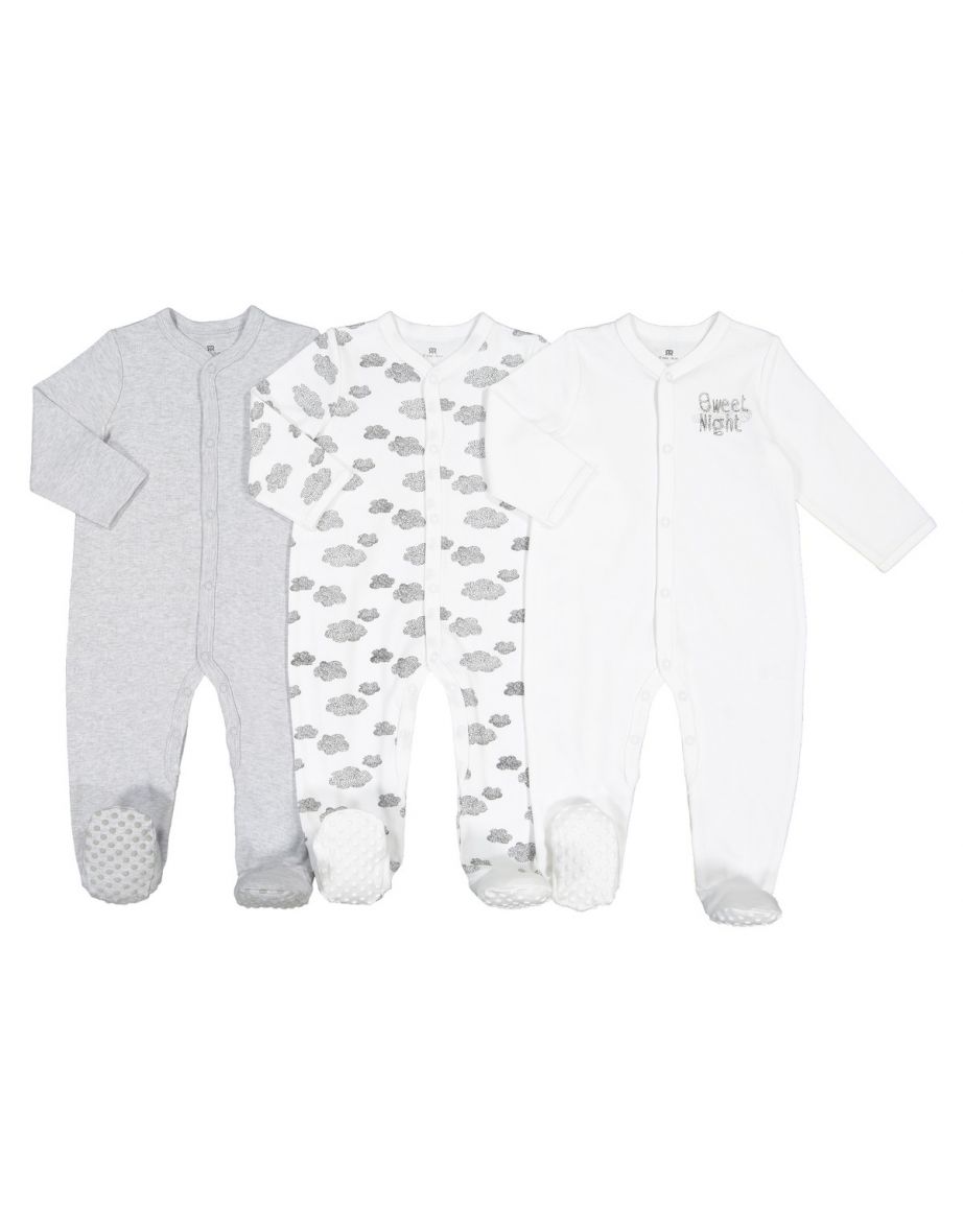 Pack of 3 Cotton Plain/Cloud/Slogan Print Sleepsuits - 1