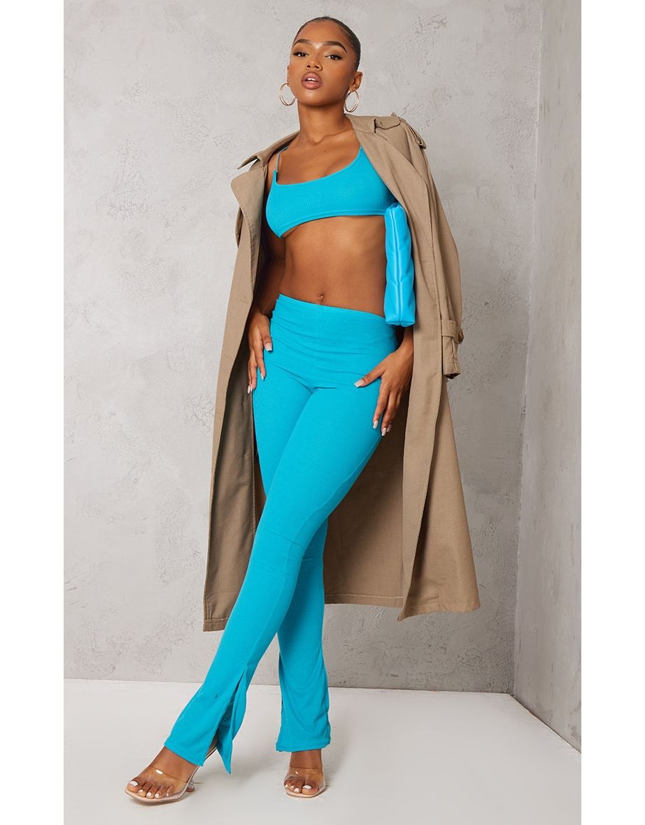 Bright Blue Ribbed Split Hem Legging